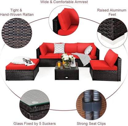 Tangkula 6 Piece Patio Furniture Set, Outdoor Deck Lawn Backyard Sectional Sofa with Coffee Table, Durable Steel Frame PE Rattan Wicker Conversation Set (Red)