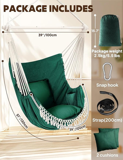 Chihee Hammock Chair Hanging Swing Max 500 Lbs 2 Cushions Included Metal Spreader Bar with Anti-Slip Grooves Portable Hanging Chair Side Pocket Large Macrame Bohemian Chair Indoor Outdoor