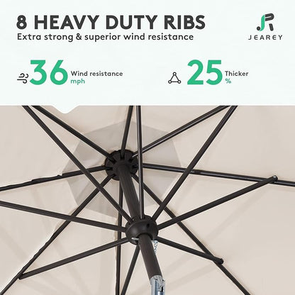 JEAREY 9FT Outdoor Patio Umbrella Market Umbrella with Push Button Tilt and Crank, Outdoor Table Umbrellas 8 Sturdy Ribs UV Protection Waterproof for Garden, Deck, Backyard, Pool (Cream Beige)