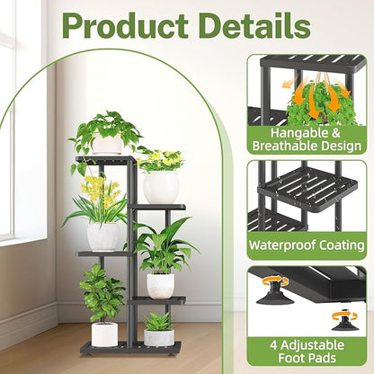 iDavosic.ly Plant Stand Indoor Outdoor, 4-Tier Tall Metal Flower Shelf for Heavy-Duty Large Planters, Corner Orchid Display Rack for Living Room Balcony Patio Porch, Space Saving, Modern Black