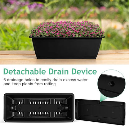 ETELI Railing Planter 6 Pack, 16.9 Inch Window Basket Deck Boxes Plastic Flower Rail Planters Holder with Adjustable Detachable Hooks for Outdoor Balcony Porch Patio, Black & White