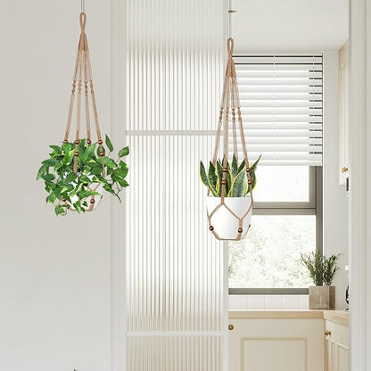 Jute Macrame Plant Hanger Indoor Set of 2 Hanging Planter Basket Flower Pot Holder with Decorative Wood Beads & No Tassels for Indoor Outdoor Boho Home Decor, 35 Inch Brown (Pots Not Included)