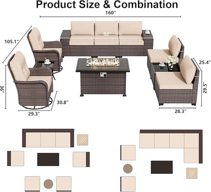 ALAULM 10 Pieces Patio Furniture Set with 2 Swivel Chairs Patio Furniture Outdoor Sectional Sofas with 55000 Gas Fire Pit Patio Conversation Set w/7 Cushions-Sand