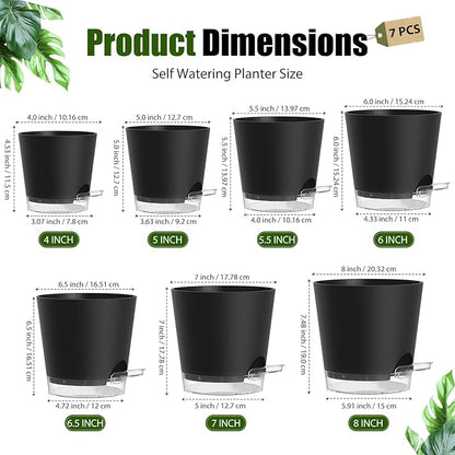 Plant Pots 4/5/5.5/6/6.5/7/8 Inch Self Watering Pots, 7 Pack Plastic Planters with Drainage Holes and Clear Saucers,Plastic Flower Pots,Nursery Planting Pot for Indoor Out Door Plants(Black)