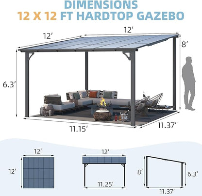 AECOJOY 12' x 12' Gazebo Outdoor Pergola for Patio, Large Wall-Mounted Hard Top Lean to Metal Gazebo Shelter Pergolas and Gazebos Clearance with Patio Roof, Heavy Duty Awnings for Backyard, Decks