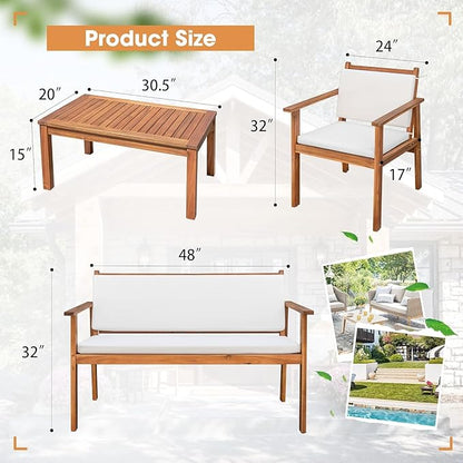 Devoko Patio Furniture 4 Piece Acacia Wood Outdoor Conversation Sofa Set with Table & Cushions Porch Chairs for Garden, Deck, Backyard, Natural