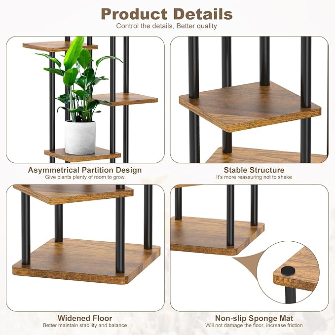 6 Tier Wood Tall Plant Stand Metal Rack Indoor, Multiple Flower Pot Holder Shelves Corner Rack, Planter Shelf Display Rack Storage Organizer for Patio Living Room Balcony Garden(Black)