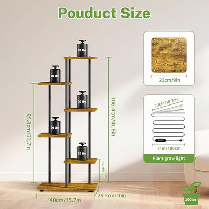 iDavosic.ly 5 Tier Plant Stand Indoor with Light, Tiered Corner Metal Wood Multiple Flower Holder Shelf, 42 Inch Tall Orchid Display Grow Rack for Living Room Bedroom, Modern Black & Rustic Brown