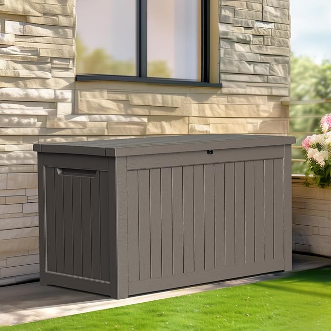 Grey Resin Deck Box, 280 Gallon Lockable Outdoor Storage