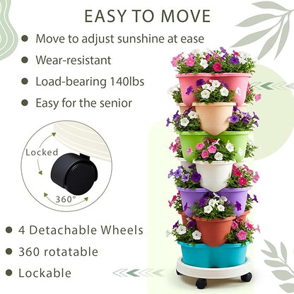 Umigy 2 Set Multicolor 7 Tier Stackable Vertical Planters with Removable Wheels and Tools Tower Planters Strawberry Herb Flower Vegetable Pots Indoor Outdoor Gardening Pots