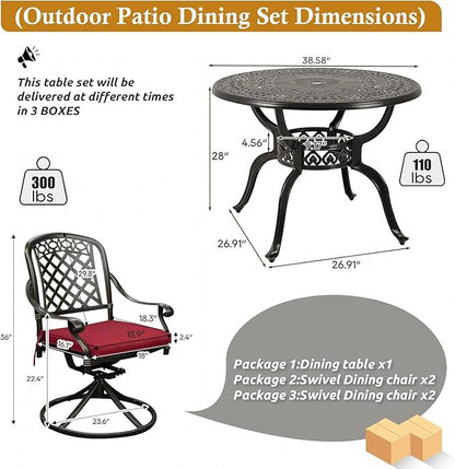 Cast Aluminum Outdoor Patio Dining Set, All Weather Outdoor Furniture Dining Set for Patio, Balcony, Lawn, Garden, Backyard (1 Round Table+4 Red Swivel Dining Chairs)