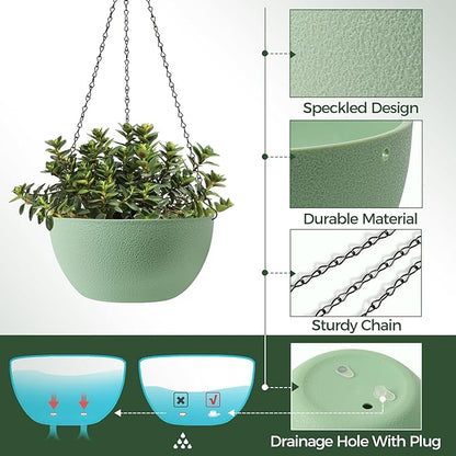 T4U 10 Inch Hanging Planters for Indoor Outdoor Plants, 2 Pack Plastic Hanging Planter, Indoor Hanging Plant Pots, Hanging Basket with Drainage Holes, Flower Pots for Garden Home Decor，Green