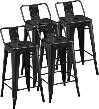 Yaheetech Bar Stools Set of 4, Metal Counter Height Chairs, 26 Inch Industrial Kitchen Stools with Backrest and Footrest for Indoor/Outdoor, Matte Black