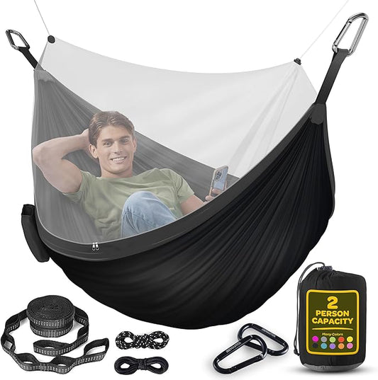 Durable Hammock 500 lb Capacity, Nylon Camping Hammock Chair - Double or Single Sizes w/Tree Straps and Attached Carry Bag - Portable for Travel/Backpacking (Large, Black with Net)