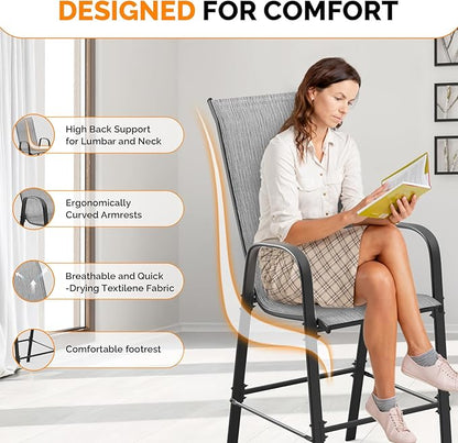 VINGLI Set of 6 Stackable Outdoor Bar Stools – Sling Chairs with High Back & Armrests, for Lawn, Garden, Bar, Grey