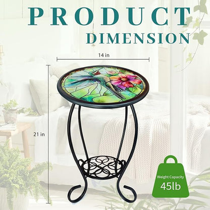 LIFFY Patio Side Table, 14" Round Mosaic Outdoor Table with Glass Hummingbird Tabletop, 21" Height 2-Tier Indoor Small Decorative Plant Stand & Accent Table with Metal Frame for Garden, Yard, Home