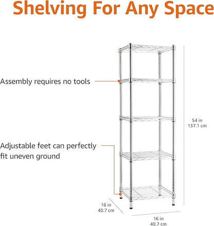 Amazon Basics 5-Shelf Tower Adjustable Storage Shelving Unit, Chrome, 16" x 16" x 54", 150 lbs Per Shelf | Tower, Adjustable