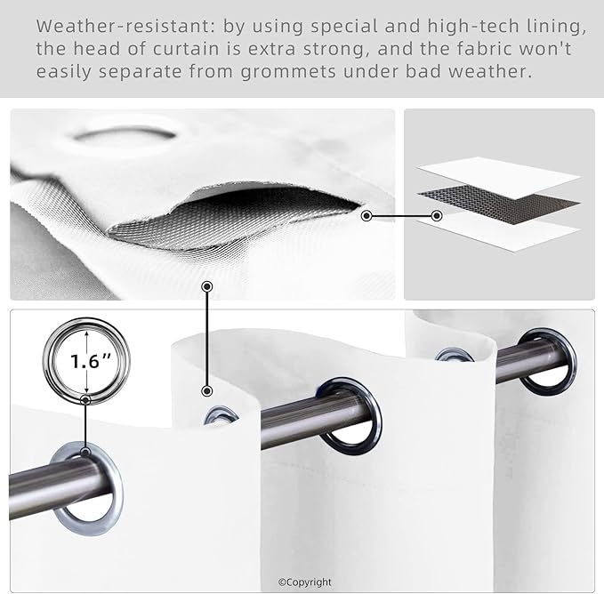 Waterproof Outdoor Curtain W52 x L84 - Grommet Top Sunlight Blocking Window Treatment Drapes Blackout Curtains for Home Bedroom Living Room Outdoor Patio Porch Pergola Cabana Gazebo (Pure White)
