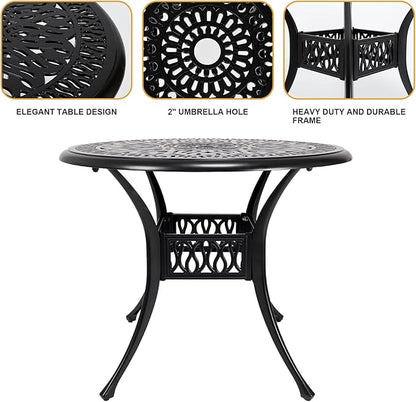 35" Outdoor Dining Table, Cast Aluminum Patio Bistro Table with 2.44" Umbrella Hole, Patio Furniture for Backyard Garden, Black