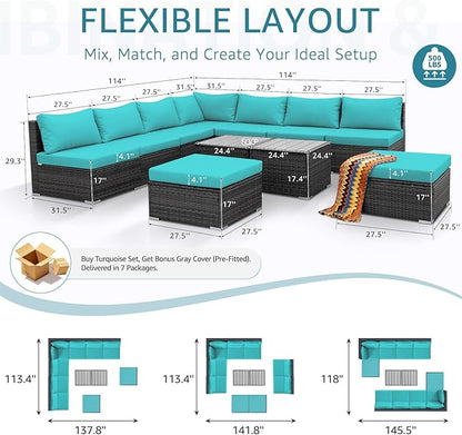 NICESOUL 11 Piece L Shaped Outdoor Conversation Set, 29.3'' High Back Comfy Wicker Patio Sectionals, Large Size Wide & Deep Seat Sofa Couches, 9 Seater Modern Furniture, 2 Color Cushion Teal & Gray