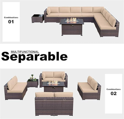 Kullavik 10 Pieces Outdoor Patio Furniture Set with 43" 55000BTU Gas Propane Fire Pit Table PE Wicker Rattan Sectional Sofa Patio Conversation Sets,Khaki