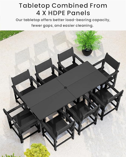 9-Piece Outdoor Dining Set, HDPE Weatherproof Patio Table and Chairs Set for 8, Outdoor Patio Furniture Sets with Umbrella Hole for Outside, Deck, Backyard, Garden (Black)