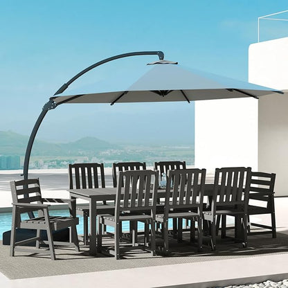 9-Piece Grey Outdoor Dining Set with Beige 11FT Large Patio Umbrella, 75.2'' HDPE Table & Chairs for 8, Weather-Resistant Furniture with Umbrella Hole for Patio, Lawn, Poolside