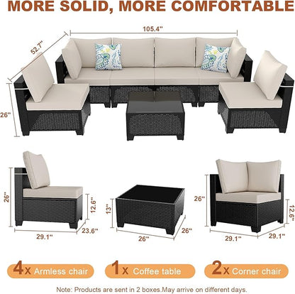 Outdoor Wicker Patio Furniture Set, Rattan Sectional Sofa Set with Thick Cushions (Coffee/Beige, 7 Piece Sofa Set)