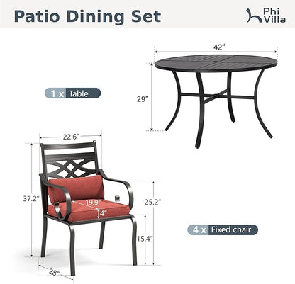 PHI VILLA 5 Pieces Outdoor Dining Set for 4, 42" Round Black Metal Table with Umbrella Hole & Wrought Iron Chairs, Large Outside Furniture with Red Cushions & Pillows for Patio, Deck, Porch
