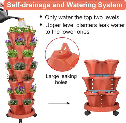 GameXcel Vertical Planter 7 Tier Stackable Planters Garden Planters Strawberry Herb Flower and Vegetable Planter Indoor Outdoor Gardening Pots with Removable Wheels and Tools - Red