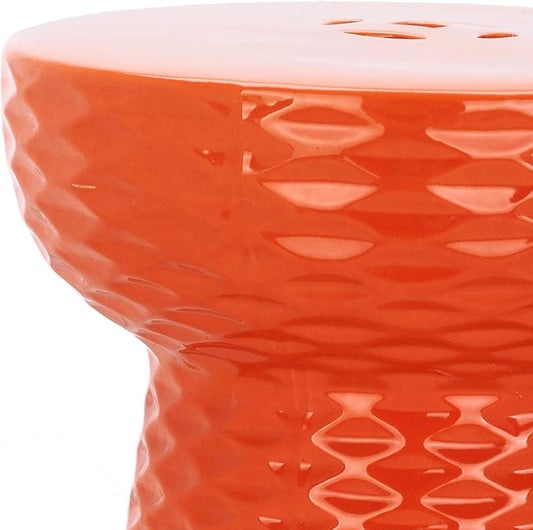 Decorative Garden Stool, Glazed Orange Ceramic, 21 x 17 Inches