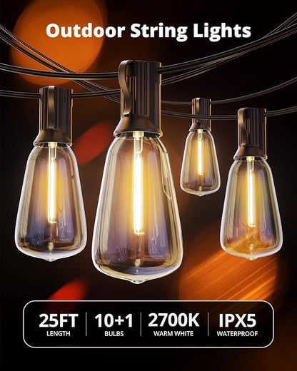 VIPAR Outdoor String Lights 25FT LED Patio Lights IPX5 Waterproof with 10+1 ST38 Shatterproof Edison Bulbs, 2700K Connectable Outside Hanging Light for Porch, Garden, Backyard, Deck, Balcony, Decor