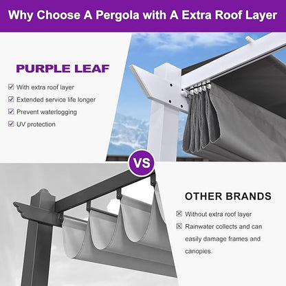 PURPLE LEAF Outdoor Retractable Pergola with Curtains 10' x 10' White Patio Aluminum Pergola with Sun Shade Canopy for Backyard Deck Garden Modern Metal Pergola, Gray