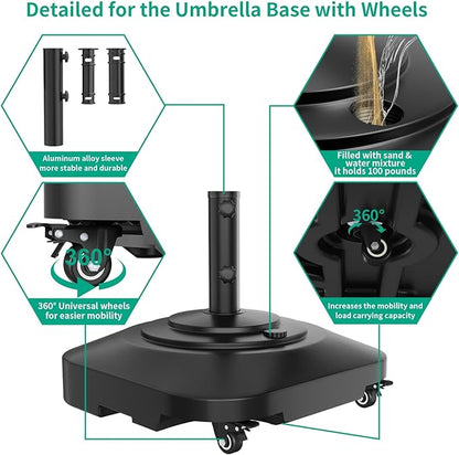 Umbrella Base with 5 Wheels, Upgraded 145lb Umbrella Stand Base, Heavy Duty & Windproof, Fillable Umbrella Base Mobile Umbrella Outdoor for Patio, Deck, Poolside, Lawn, Fits Most Sized Umbrellas