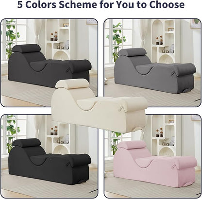 ijuicy Sleek Chaise Lounge Chair for Exercise, Indoor Lounger with Headrest, Waist Cushion, Movable Footrest, Side Pockets, Non-Slip Bottom, High Density Sponge, Pink