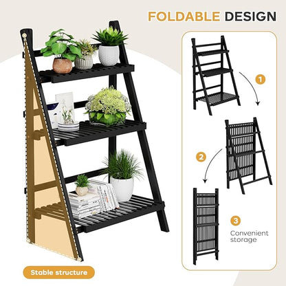 39.4" Foldable Plant Shelf Ladder Shelf, 3 Tier Bamboo Ladder Flower Pot Display Shelf, Freestanding Ladder Bookshelf for Garden, Balcony, Yard, Living Room, 23.6" W x 15" D x 39.4" H, Black