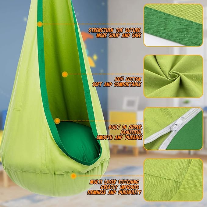 Hammock Chair for Kids, Green Cotton Pod Swing with Pillow