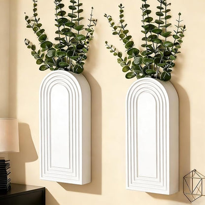 2 Pack Wooden Wall Vase Set, Boho Hanging Planter for Indoor Plants & Flowers, Wood Wall-Mounted Planters for Living Room, Modern Farmhouse Entryway or Bathroom, Rustic Art for Home (White)