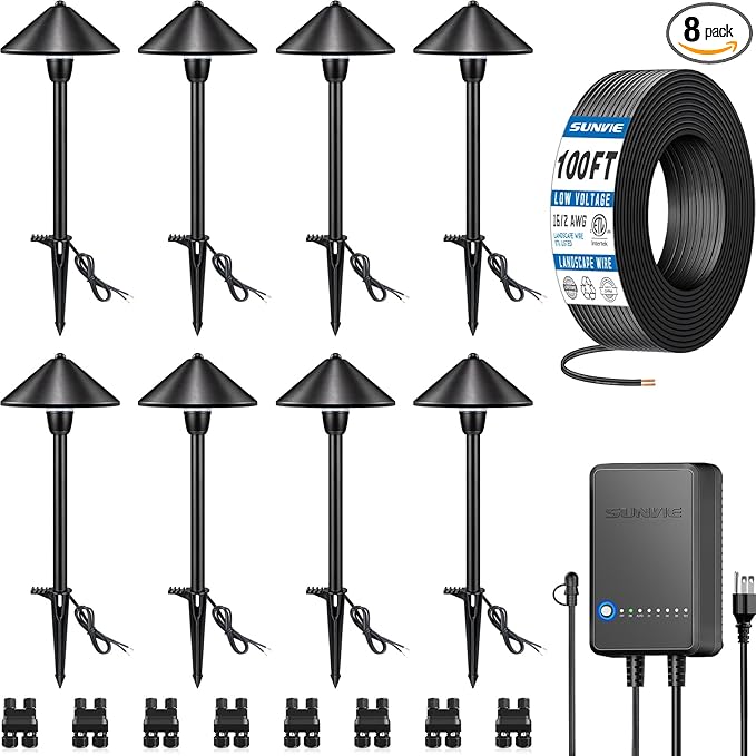 SUNVIE All-In-One LED Low Voltage Landscape Lighting Kit, 8 Pack Pathway Lights with Connector Transformer and 100FT Low Voltage Wire, 3000K Landscape Lighting for Path Walkway Garden Yard