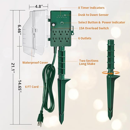 SURAIELEC Outdoor Power Stake, Dusk to Dawn Light Timer, 6 Electrical Outlet Power Strip Waterproof, 6FT Extension Cord for Patio Lights, Sprinkler, Garden, Christmas Decorations, Outdoor Light