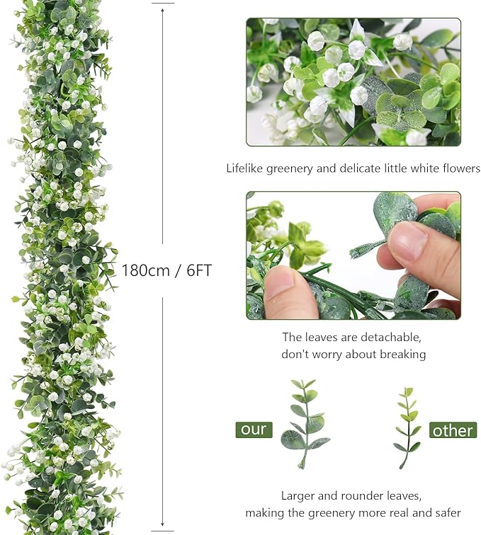 Artificial Plants Greenery Garland, 4 Pack Green Eucalyptus with White Flowers