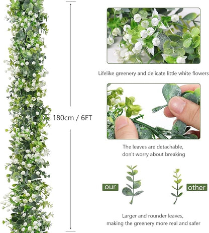 Artificial Plants Greenery Garland, 4 Pack Green Eucalyptus with White Flowers