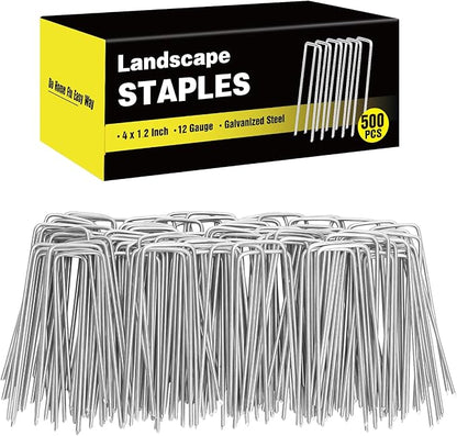 HongWay 500 Pack 4 Inch Landscape Staples, Garden Staples 12 Gauge Galvanized Ground Stakes Lawn Yard Staples SOD U-Shaped Pins for Gardening Irrigation Tubing Landscaping Fabric