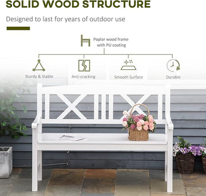 Outsunny 2-Seater Wooden Garden Bench, 4FT Outdoor Patio Loveseat with Unique X-Shape Back for Yard, Lawn, Porch, White