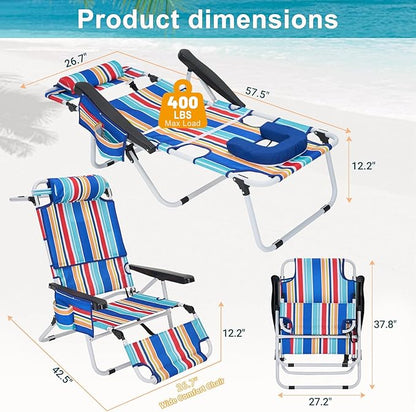 ABORON Tanning Chair with Face Hole, 5-Position Adjustable Reclining Beach Lounge Chair, Folding Face Down Sun Lounger for Beach, Poolside, Patio, Lawn, Home(Multicolor Stripes)