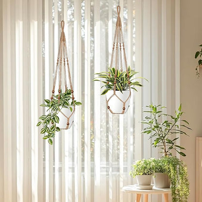 Jute Macrame Plant Hanger Indoor Set of 4 Hanging Planter Basket Flower Pot Holder with Decorative Wood Beads & No Tassels for Indoor Outdoor Boho Home Decor, 35 Inch Brown (Pots Not Included)