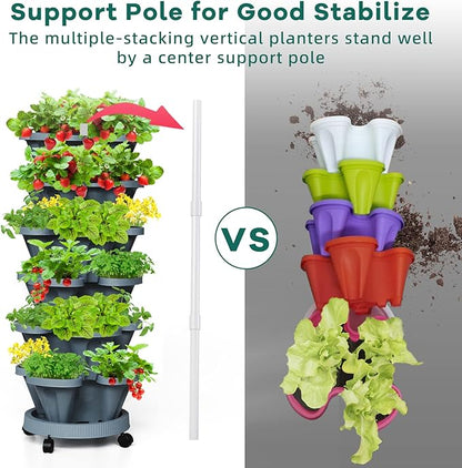 Strawberry Vertical Planters Tower Garden 3 Pack, 7 Tiered Stacking Herb Vegetable Planter with Support Pole Indoor and Outdoor - Dark Grey