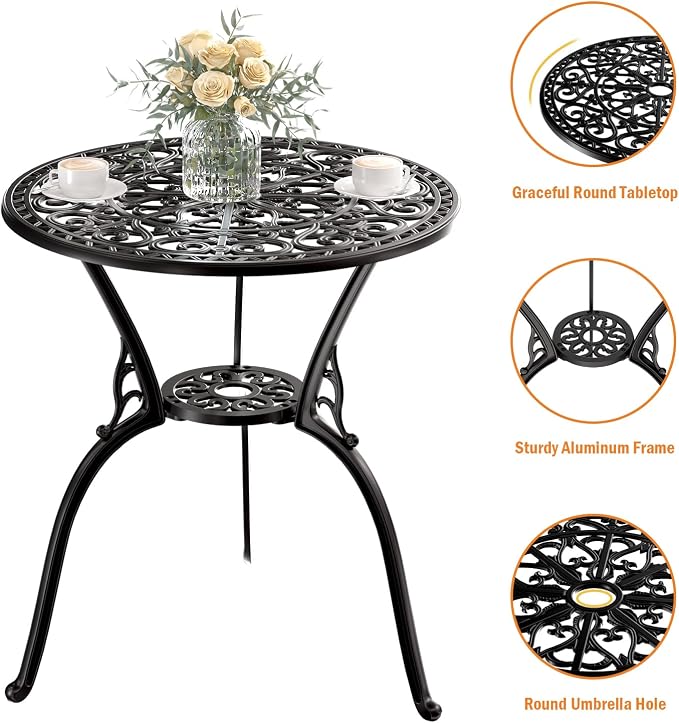 Bistro Set for 2, Black Cast Aluminum with Umbrella Hole