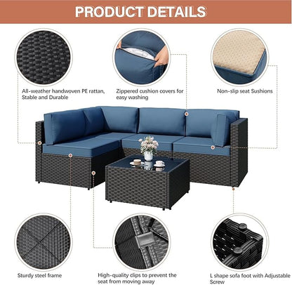 JAMFLY Patio Furniture Sets, 6-Piece Outdoor Patio Furniture with 43'' Propane Gas Fire Pit Table, Wicker Outdoor Conversation Set Sectional Sofa for Backyard, Poolside, Garden, Aegean Blue