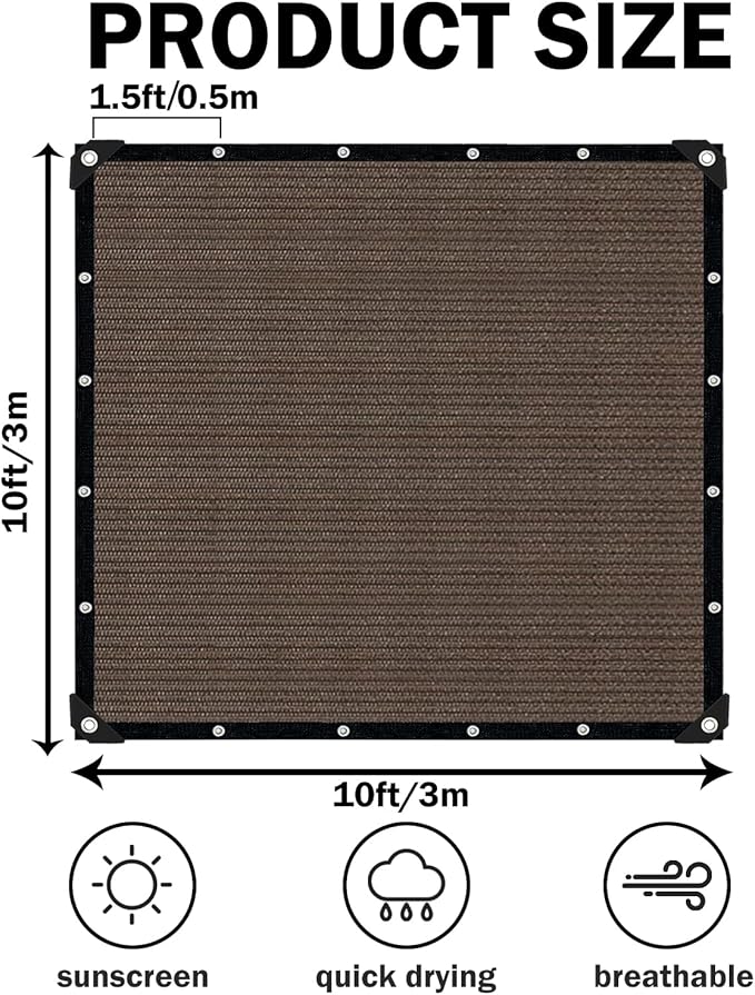 Mocha Sun Shade Cloth,Pergola Shade Cover with Reinforced Grommets,90% Shade Fabric Fence Privacy Screen Balcony,Pergola Shade Cover Canopy Garden Carport Porch Deck Patio Shade Cover,10x10FT